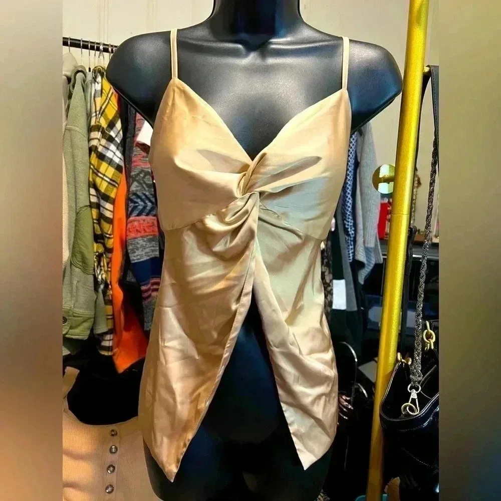 Elegant NWT Knot-Front Tank Top - Silky Beige Cream Champagne - Size Large